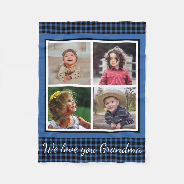We Love You Grandma 4 Photo Collage Blue  Plaid  Fleecefilt (Framsidan)