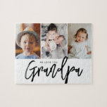 We love you Grandpa Grandchildren photos Pussel<br><div class="desc">Using beautiful and modern Typography for the words "We love you Grandpa",  elegant script and classic font together with san serif type. Customize this photo puzzle with the grandkids' photos for the grandfather to treasure and cherish Simple,  with 3 photo spots,  thoughtfully laid-out. A wonderful gift for granddad.</div>