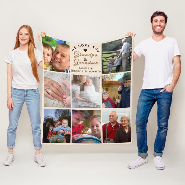 We Love You Grandpa & Grandma – Custom 8-Photo Fleecefilt (På plats)