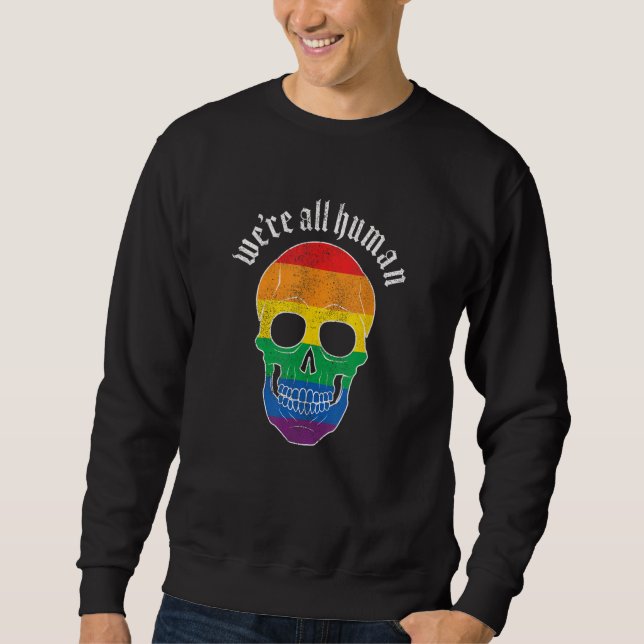 We re All Human  Gay Pride Rainbow Skull  Grunge Lång Ärmad Tröja (Framsida)