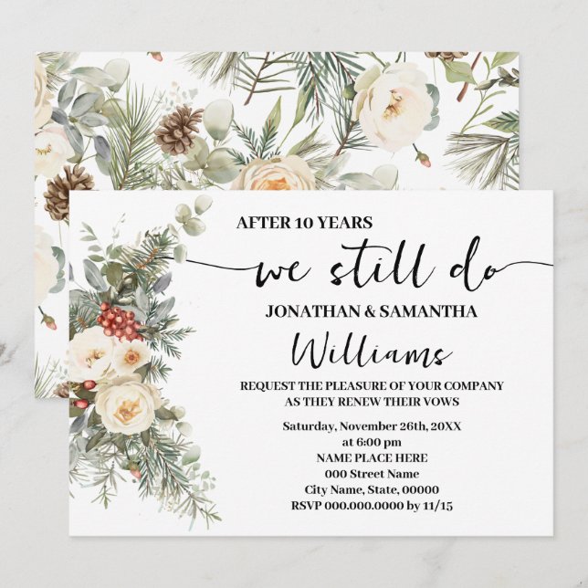 We Still Do Anniversary Winter White Floral  Inbjudningar (Fram/baksida)