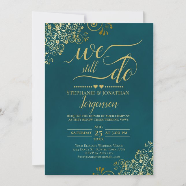 We Still Do Elegant Dark Teal & Gold Vow Renewal Inbjudningar (Framsida)