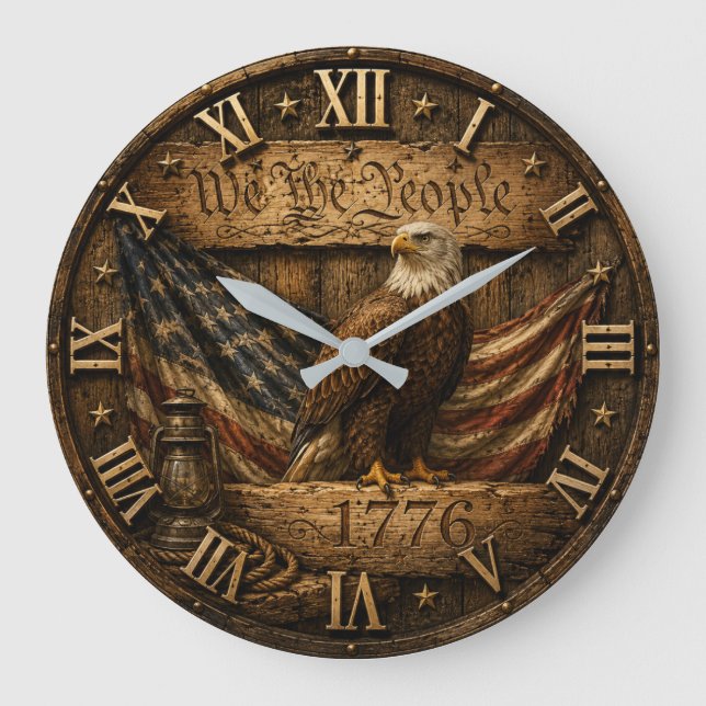 We the People 1776 Rustic American Flag Stor Klocka (Framsida)