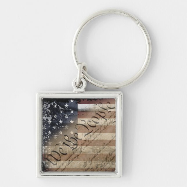 We The People Industrial American Flag Keychain Fyrkantig Silverfärgad Nyckelring (Framsidan)
