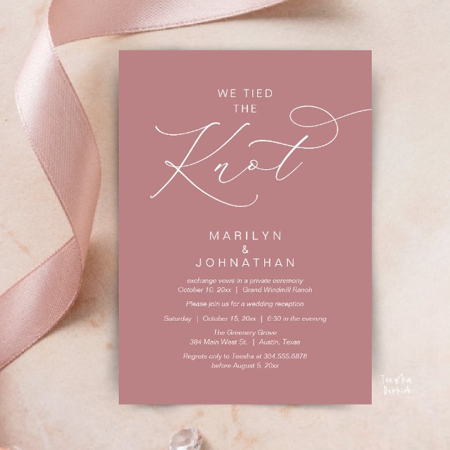 We tied the knot, Elopement Reception Dinner Inbjudningar (We tied the knot, Romantic Wedding Elopement Reception Dinner Invitation Card in Dusty Rose Pink)
