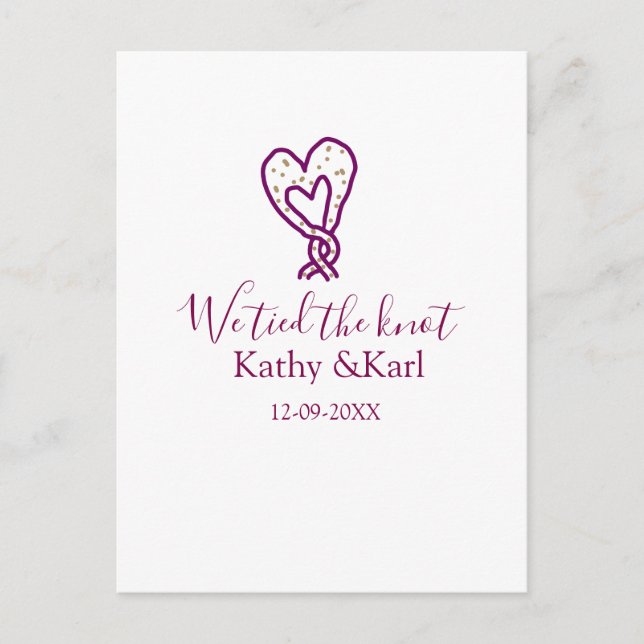 We tied the knot pink heart knots name date romant vykort (Framsida)