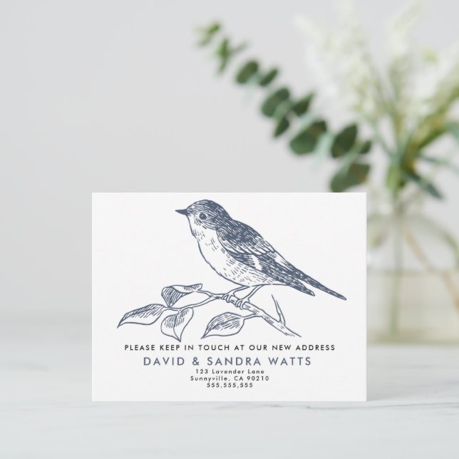 We’ve Moved Postcard – Elegant Bird Illustration Meddelande Vykort (Stående Fram)