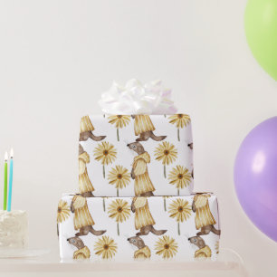 Weasel nedtryckt i stripe-Gult, Gula blommor Presentpapper