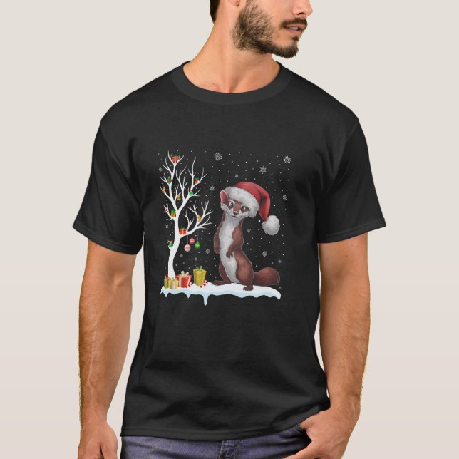 Weasel Santa Hat Festive Träd Light jul Paja T Shirt (Framsida)