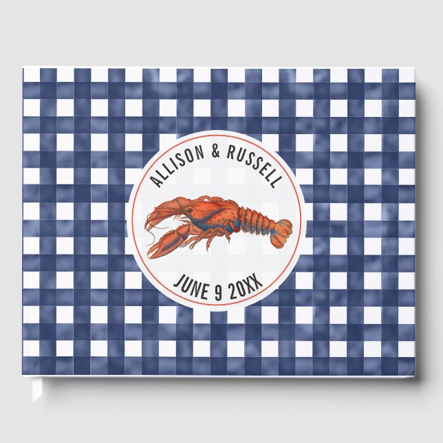 Weasted Blue Gingham Lobster Coastal Bröllop Gästböcker (Framsida)