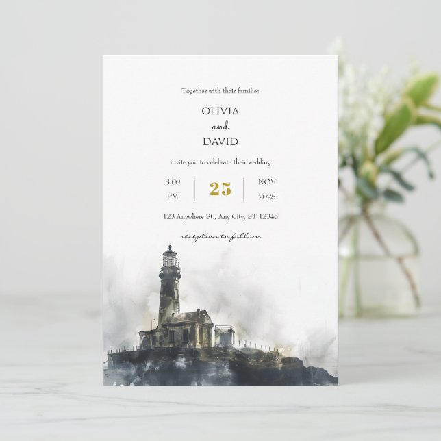 Weasted Seaside Lighthouse Island Beach Wedding Inbjudningar (Stående Fram)