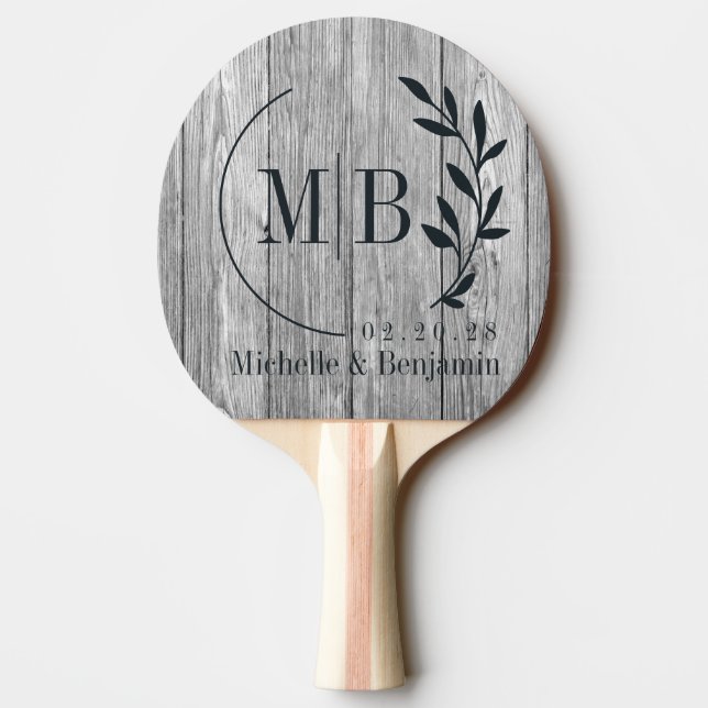 Weathered Dark Gray Wooden Leaf Wedding Monogram Pingisracket (Baksidan)