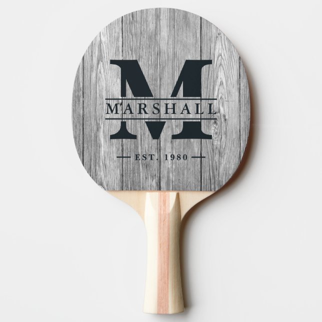 Weathered Dark Gray Wooden Monogram & Name Overlay Pingisracket (Baksidan)