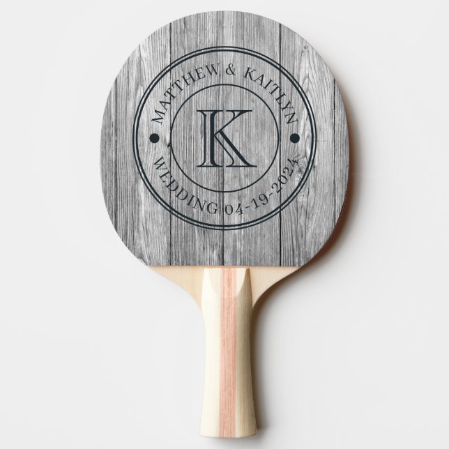 Weathered Dark Gray Wooden Wedding Monogram Pingisracket (Baksidan)