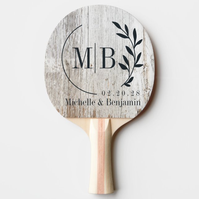 Weathered White Washed Wood Leaf Wedding Monogram Pingisracket (Baksidan)