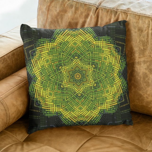 Weave Mandala Grönt Gult och Black Kudde (Skapare uppladdad)