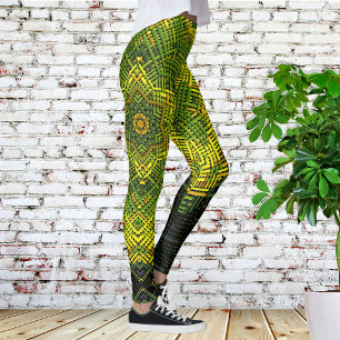 Weave Mandala Grönt Gult och Black Leggings