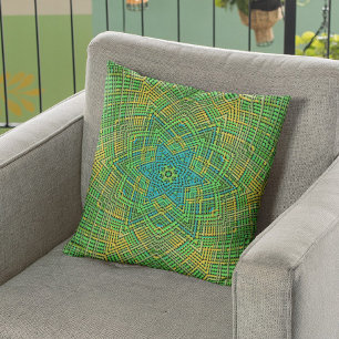 Weave Mandala Grönt Gult och Blue Kudde