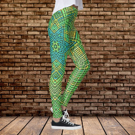 Weave Mandala Grönt Gult och Blue Leggings