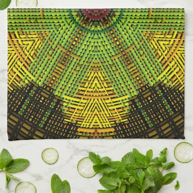 Weave Mandala Grönt Gult och Red Kökshandduk (Vikta)