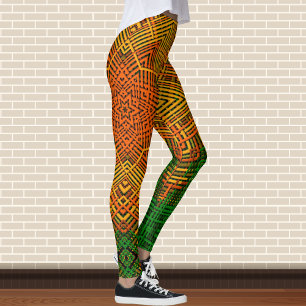 Weave Mandala-Gultens Orange och Grönt Leggings