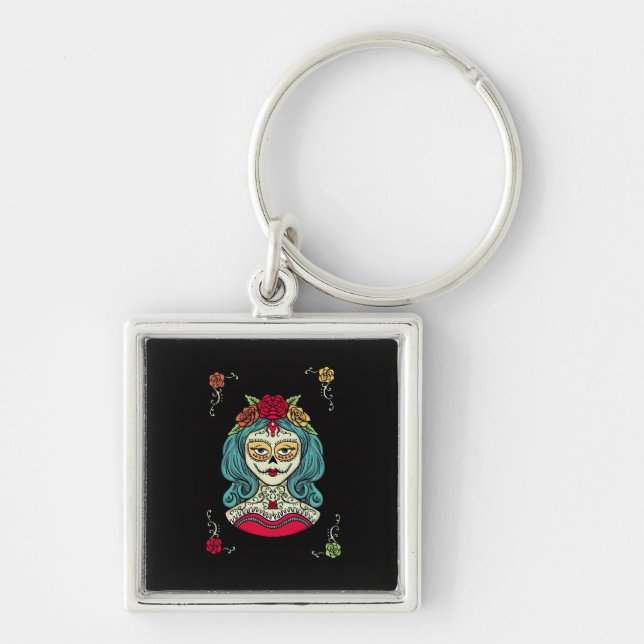 Webben Catrina Día de Muertos Fyrkantig Silverfärgad Nyckelring (Framsidan)