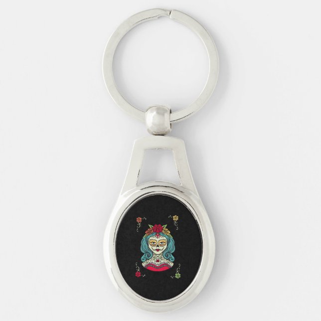 Webben Catrina Día de Muertos Ovalt Silverfärgad Nyckelring (Framsidan)