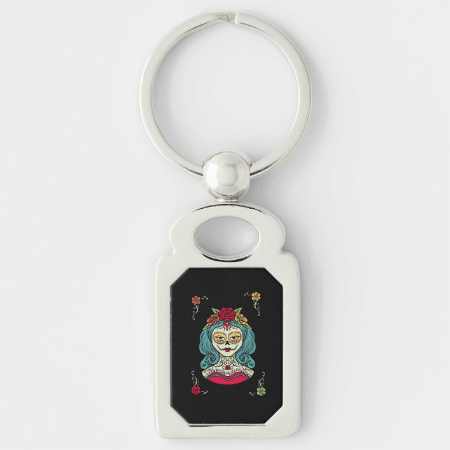 Webben Catrina Día de Muertos Rektangulärt Silverfärgad Nyckelring (Framsidan)