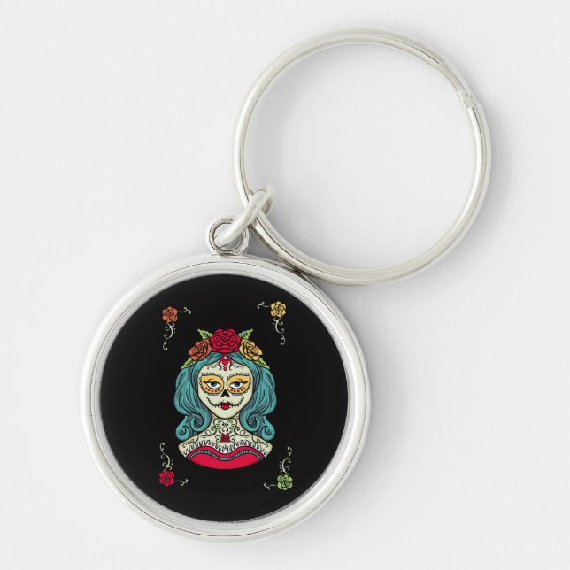 Webben Catrina Día de Muertos Rund Silverfärgad Nyckelring (Framsidan)