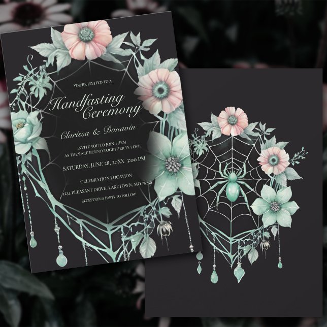 Webben för  för Gotminspider-Blommigt för inspider Inbjudningar (Gothic Handfasting Invitation Floral Spiderweb in Mint Green and Blush Pink)