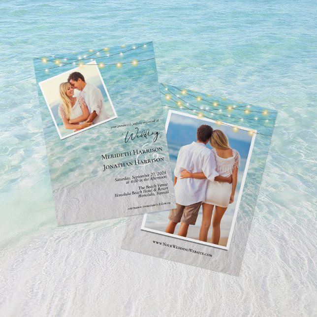 Webbplats för Beach Photo Seaside String Ljus Inbjudningar (Front and Back - features your wedding website)