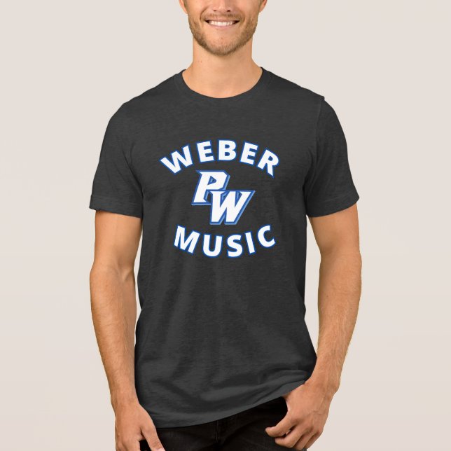 Weber Music (blå text) med ny PW-logotyp T Shirt (Framsida)