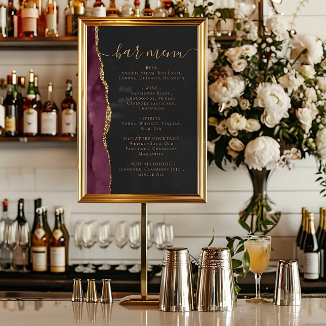 Wedding Bar Menu Burgundy Gold Agate Dark Poster (Skapare uppladdad)