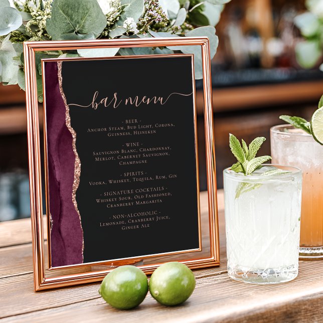 Wedding Bar Menu Burgundy Rose Gold Agate Dark Poster (Skapare uppladdad)