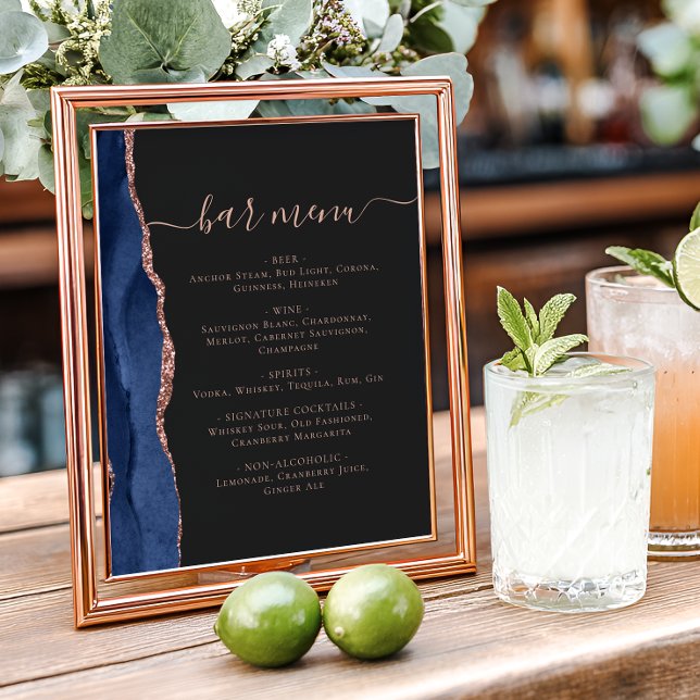Wedding Bar Menu Navy Blue Rose Gold Agate Dark Poster (Skapare uppladdad)