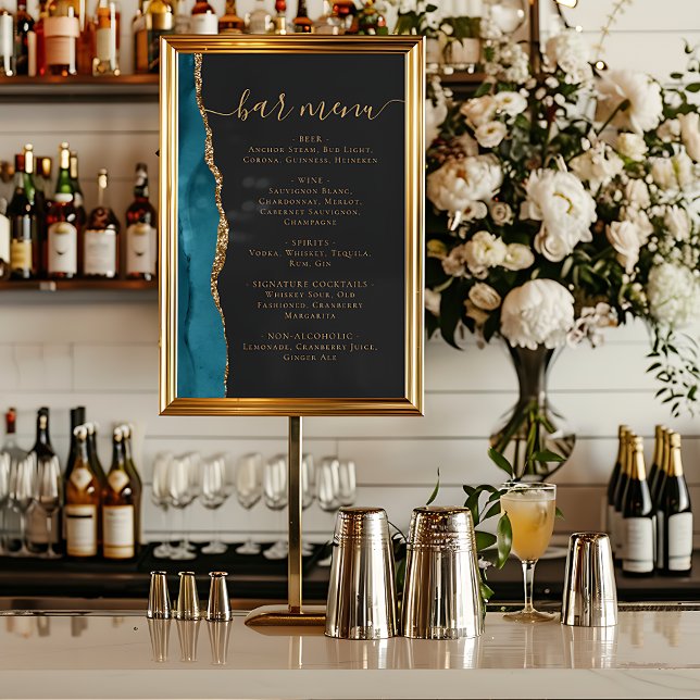 Wedding Bar Menu Teal Blue Gold Agate Dark Poster (Skapare uppladdad)