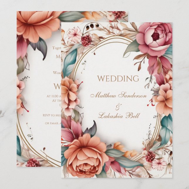 Wedding Beautiful Modern Boho Floral flowers  Inbjudningar (Fram/baksida)