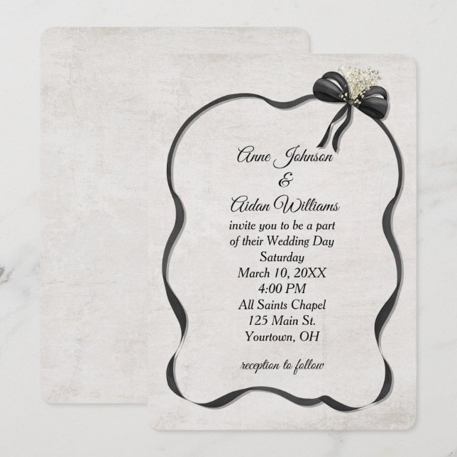 Wedding Black Bow and Ribbon with Baby's Breath Inbjudningar (Fram/baksida)