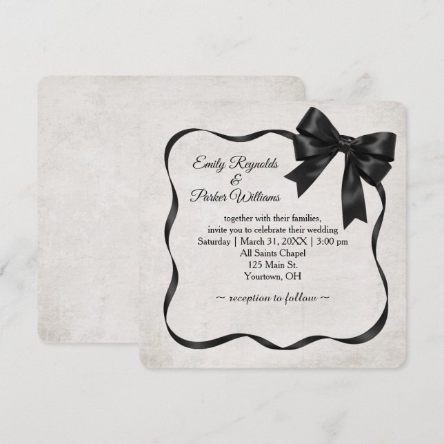 Wedding Black Satin Ribbon Frame and Bow Inbjudningar (Fram/baksida)