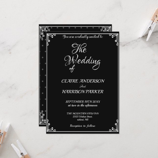 wedding black white elegant invitation. inbjudningar (Fram/Back In Situ)