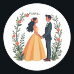 Wedding Bliss Couple Sticker Runt Klistermärke<br><div class="desc">Elegant wedding illustration featuring a smiling couple holding hands under a floral arch,  perfect for any love story.</div>