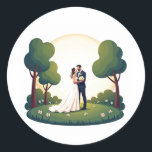 Wedding Bliss Couples Sticker  Runt Klistermärke<br><div class="desc">Celebrate love and marriage with this charming illustration of a newlywed couple standing in a lush garden at sunset. Perfect for weddings,  honeymooners,  and romance enthusiasts.</div>
