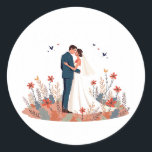 Wedding Bliss Sticker Runt Klistermärke<br><div class="desc">Adorable sticker featuring a newlywed couple exchanging vows surrounded by colorful flowers and fluttering butterflies,  perfect for sweetening any space.</div>