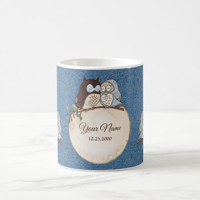 Wedding Blue Brown Owl Glitter Beautiful Kaffemugg (Center)