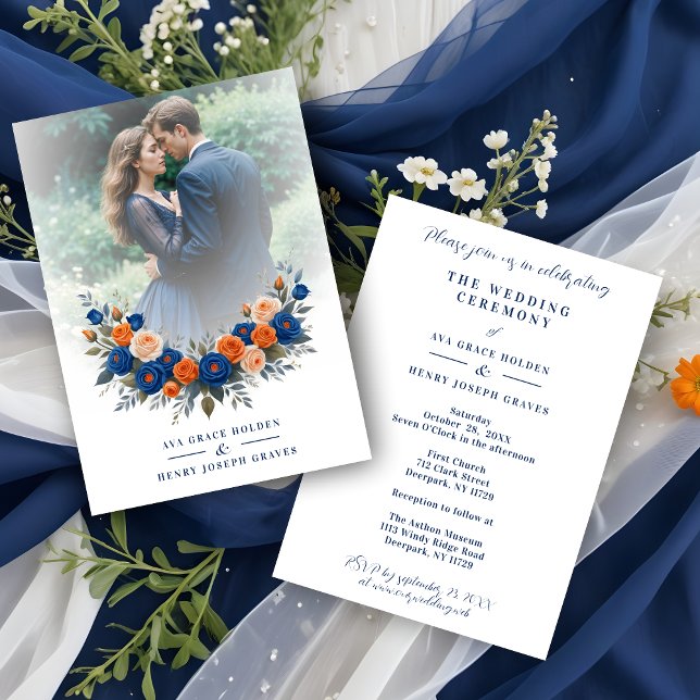 Wedding Blue & Orange Flowers Romantic Garland Inbjudningar (Wedding Blue & Orange Flowers Romantic Garland  Photo Invitation with Envelope.)