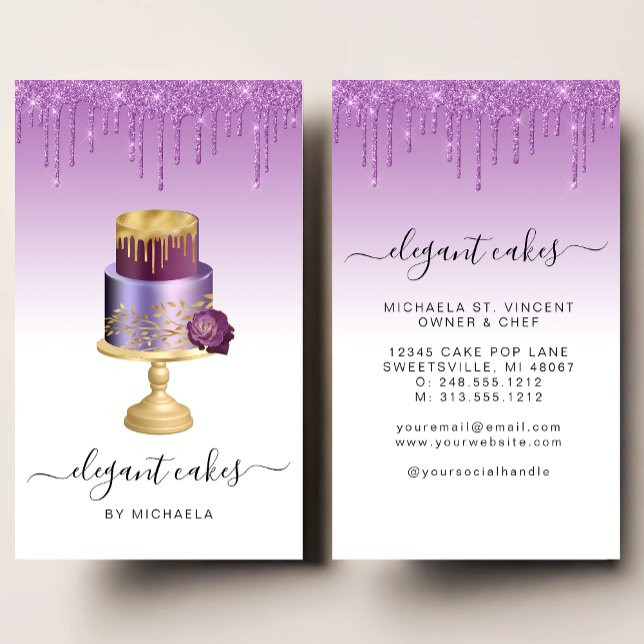 Wedding Cake Glitter Drip Purple Bakery Visitkort (Skapare uppladdad)