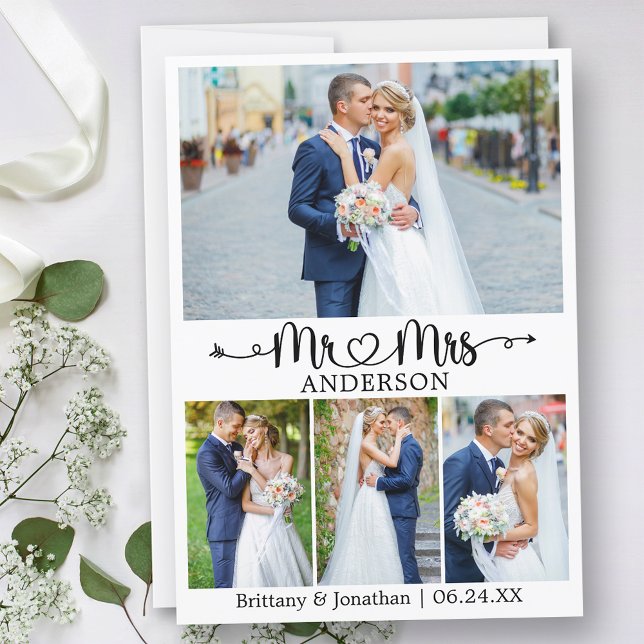 Wedding Calligraphy Heart Mr. and Mrs. 4 Photo Tack Kort (Customize to change your personalized text size or text style.)