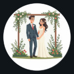 Wedding Celebration Sticker Runt Klistermärke<br><div class="desc">Share the joy of love and commitment with this charming sticker featuring a happy couple standing under a floral arch,  perfect for wedding decor or greeting cards.</div>