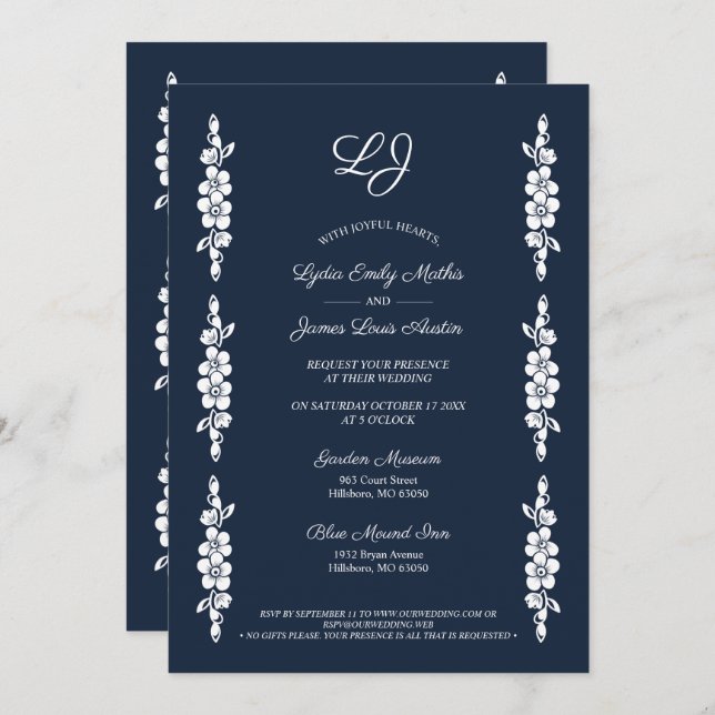Wedding Chic Photo Navy & White Trendy Flowers Inbjudningar (Fram/baksida)