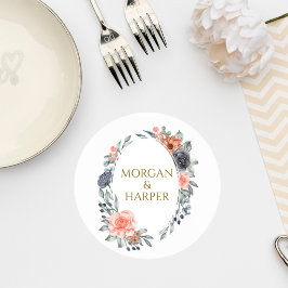 Wedding Coaster with Soft Peach & Blue Flowers Underlägg Papper Rund